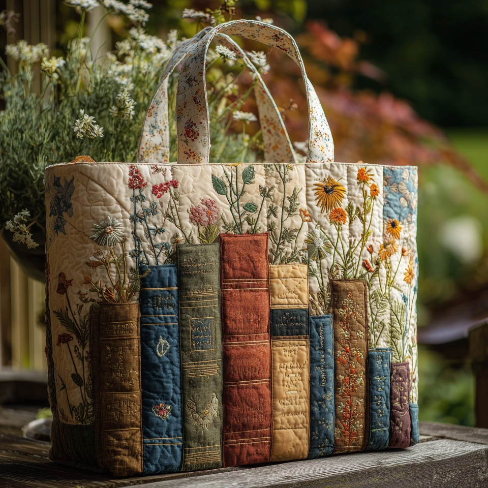 Books and Flowers Series Quilted Handbag